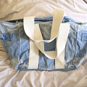 Blue Denim Tote Bag with White Straps
